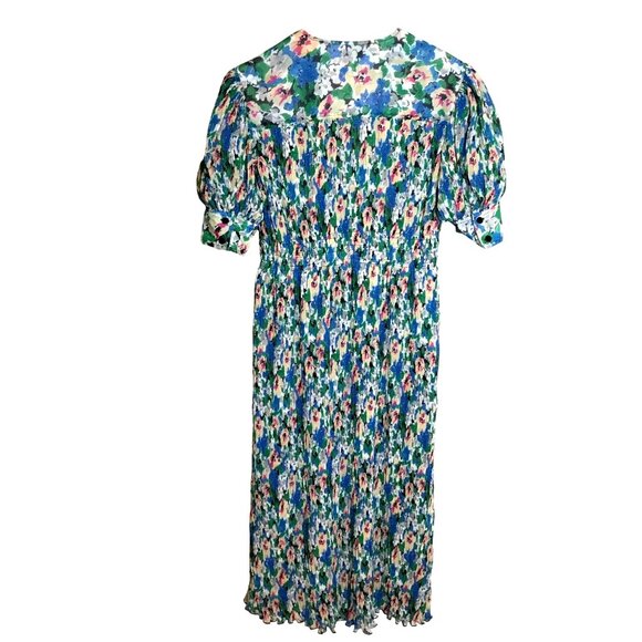 GANNI Pleated Georgette Midi Dress Puff Sleeves Smocked Floral Azure Blue NWT 4 - Picture 3 of 13